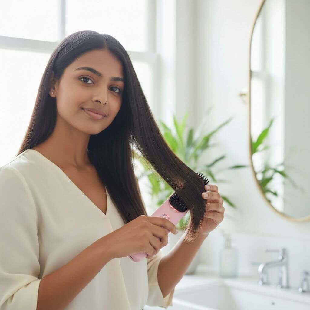 Femme utilisant un dispositif pour lisser ses cheveux tout en prenant soin d'eux. Comment Lisser Ses Cheveux Sans Abîmer.