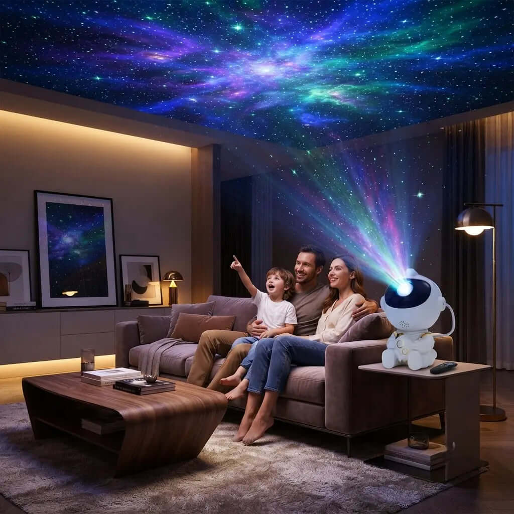 Une famille s'amuse avec le Projecteur Astronaute Galaxie projetant des étoiles sur le plafond.