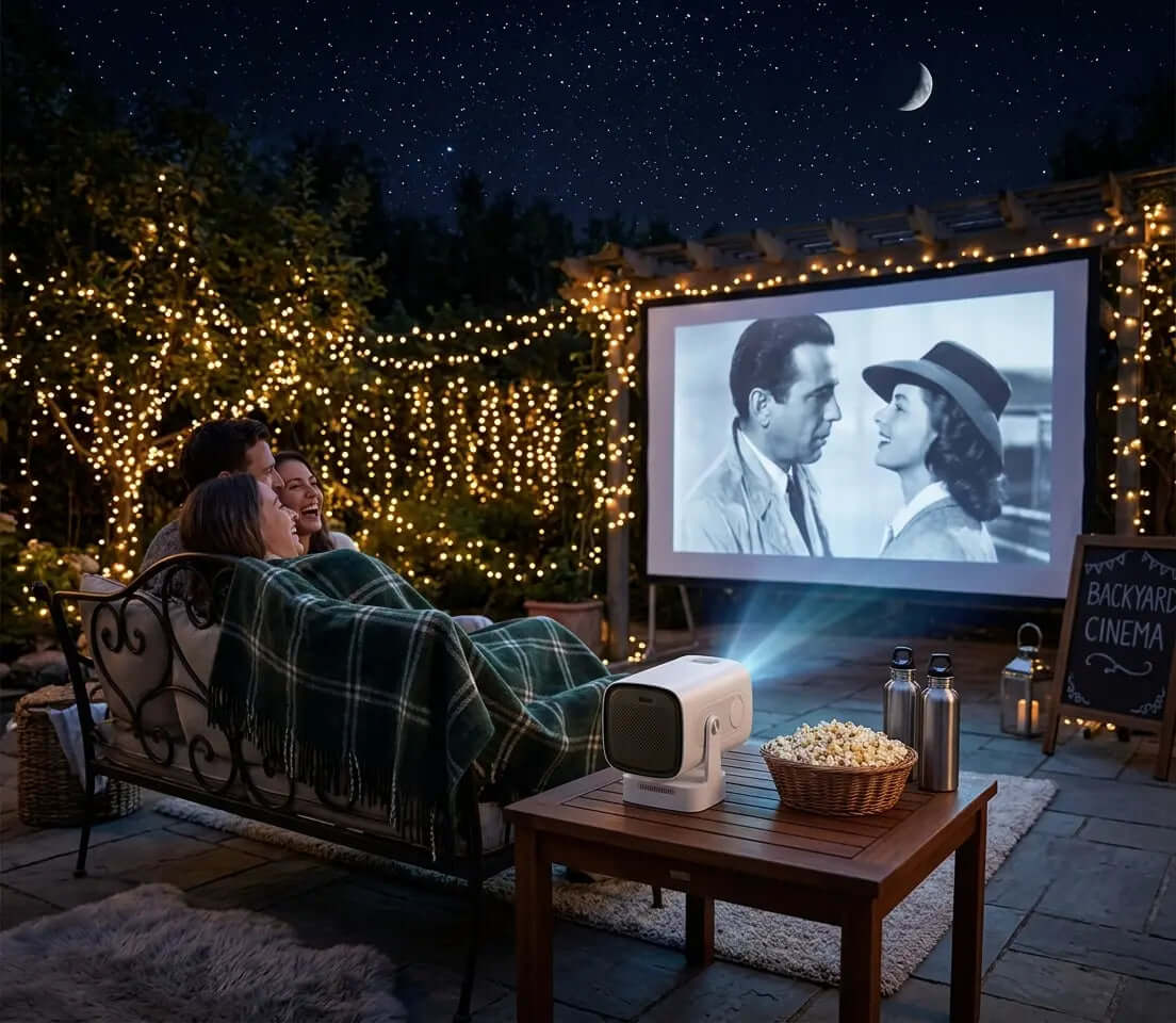 Soirée cinéma en plein air avec le Projecteur 4K Magcubic HY310, écran projeté et ambiance féerique.