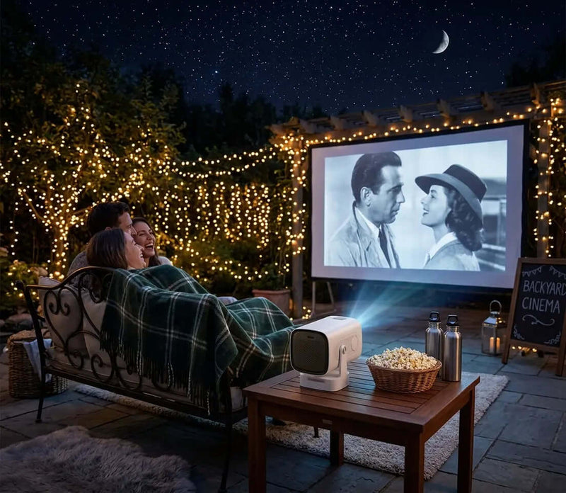 Soirée cinéma en plein air avec le Projecteur 4K Magcubic HY310, écran projeté et ambiance féerique.