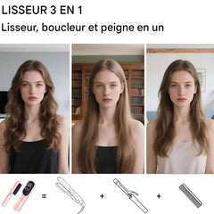 Brosse Lissante Sans Fil Douchity™ montrant trois styles différents : wavy, lisse et peigné.