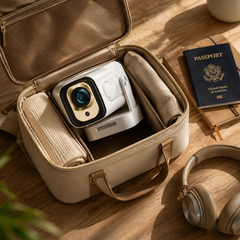 Projecteur 4k portable Douchity dans un sac, avec écouteurs et passeport sur une table en bois.