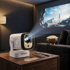 Projecteur 4K portable Douchity sur table avec projection de film, popcorn et télécommandes à côté.