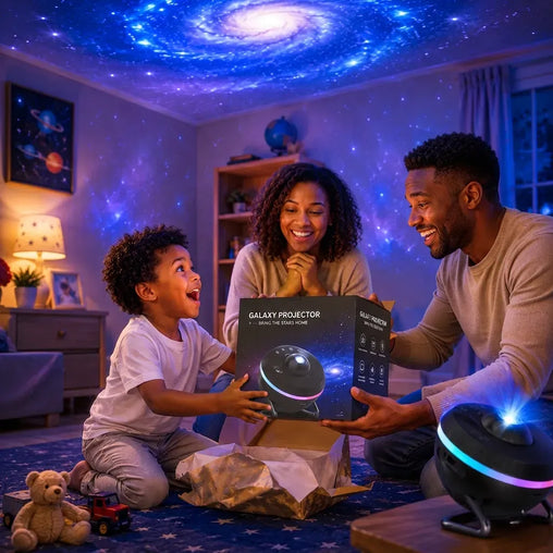 Projecteur Galaxy 13 en 1 projetant un ciel étoilé et nébuleuse dans une chambre moderne.