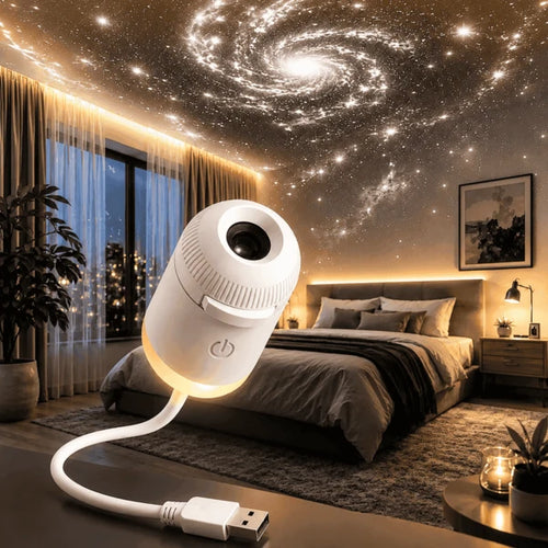 projecteur galaxie illuminant un plafond étoilé dans une chambre élégante avec une ambiance relaxante