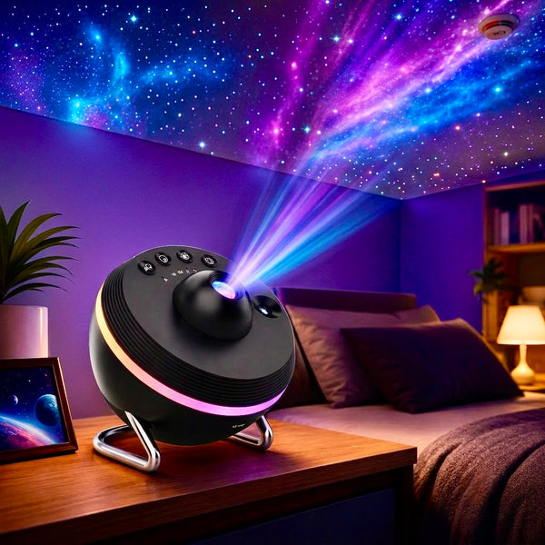 Projecteur Galaxy 13 en 1 projetant un ciel étoilé et nébuleuse dans une chambre moderne. 