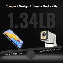 Comparaison de la taille du projecteur 4k portable Douchity avec une tablette de 12,9 pouces, pesant 1,34 lb.