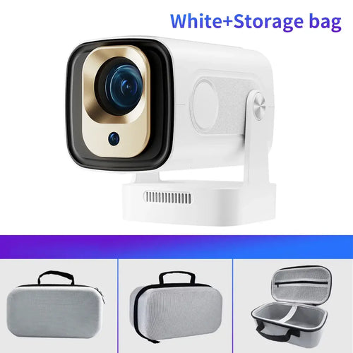 Douchity - Projecteur Pro Max portable projector with storage bag in white.