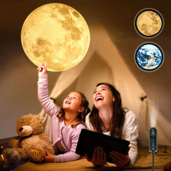 lampe projection lune créant une ambiance céleste pour une mère et sa fille admirant le ciel nocturne.