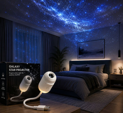 projecteur ciel étoilé Douchity™ illuminant le plafond d'une chambre avec un ciel étoilé relaxant.