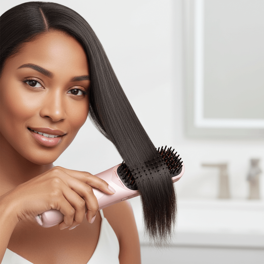 Femme utilisant la Brosse Lissante Sans Fil Douchity pour un cheveux lisse et brillant dans une salle de bain moderne.