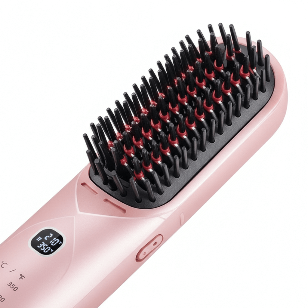 Brosse Lissante Sans Fil Douchity™, outil de coiffure portable avec picots noirs et écran de température.