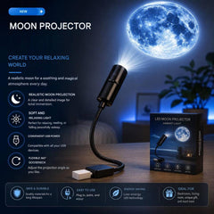 Lampe projection lune projetant une lumière douce et relaxante décorant un espace intérieur.