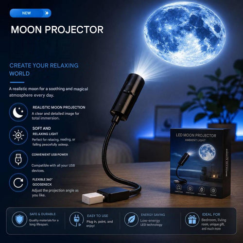 Lampe projection lune projetant une lumière douce et relaxante décorant un espace intérieur.