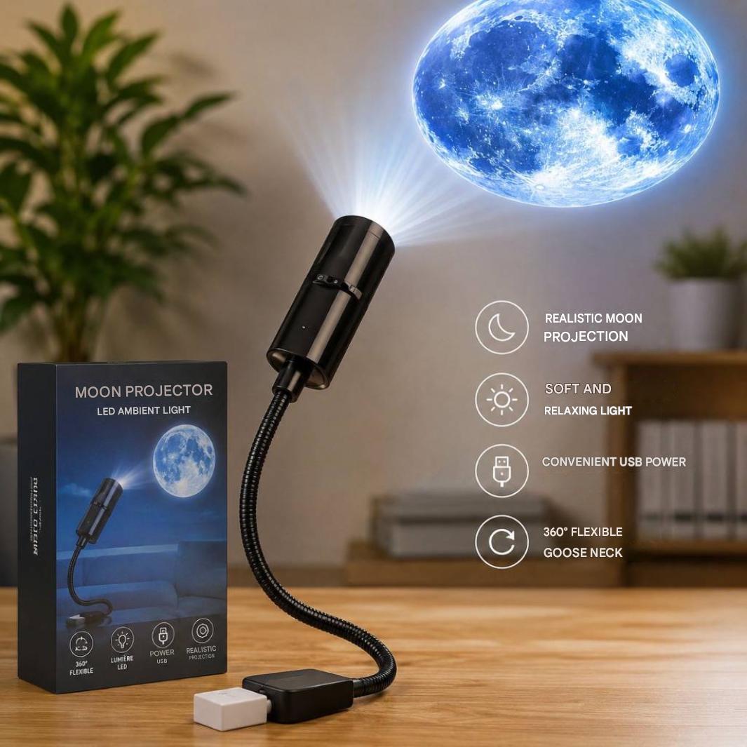 Lampe projection lune projetant une lumière douce et relaxante dans une chambre, avec un design moderne.