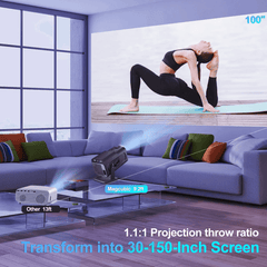 Douchity - MINI Projecteur Pro displaying yoga image on large wall screen in a modern living room setting.