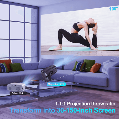 Douchity - MINI Projecteur Pro displaying yoga image on large wall screen in a modern living room setting.