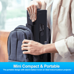 Douchity - MINI Projecteur Pro being placed into a backpack, showcasing its portable design.