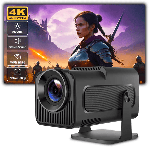 Douchity - MINI Projecteur Pro displaying 4K resolution and gaming visuals with advanced features.