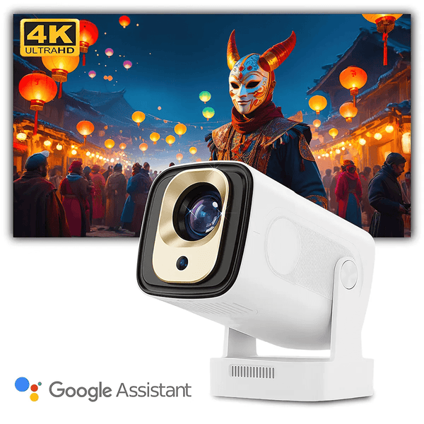 Douchity - Projecteur Pro Max displaying a vibrant 4K image with immersive sound featuring Google Assistant.