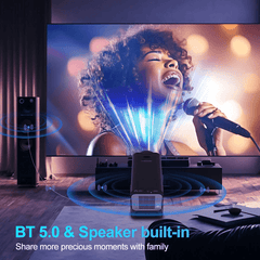 Douchity - MINI Projecteur Pro showcasing BT 5.0 and speaker capabilities for family entertainment.