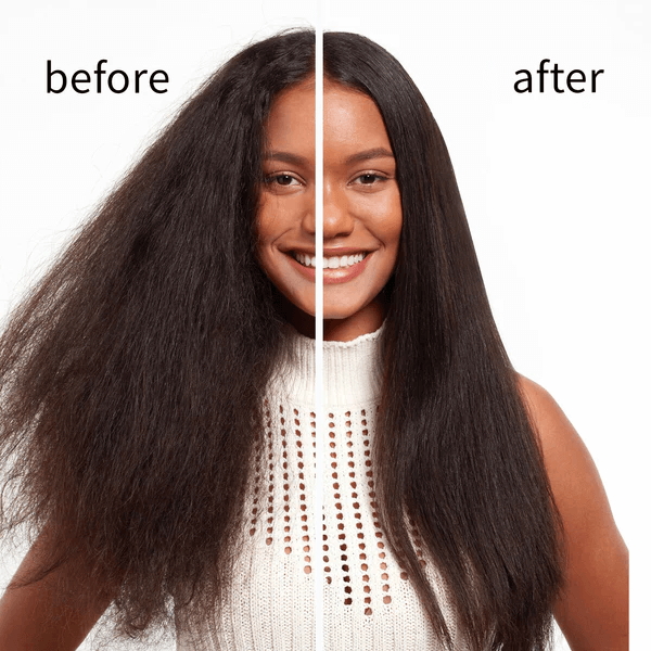Before and after hair transformation using Brosse Lissante Sans Fil Douchity™, showing smooth and sleek results.