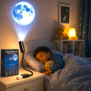 projecteur de lumière galaxie lampes projetant une lune sur le plafond dans la chambre d'un enfant qui dort paisiblement