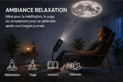 Femme détendue utilisant la lampe projection lune pour créer une ambiance relaxante dans une pièce.
