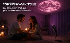 Lampe projection lune créant une atmosphère romantique avec un couple dans une pièce douce et lumineuse.
