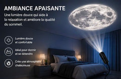 lampe projection lune créant une ambiance apaisante dans une chambre avec projection de lune sur le plafond