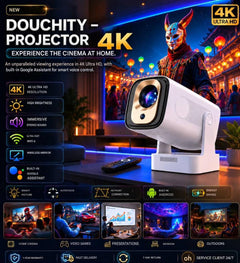 Projecteur 4K Douchity, expérience cinéma à domicile, résolution 4K Ultra HD, assistant Google intégré.