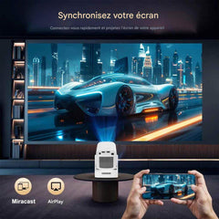 Douchity - Projecteur Pro Max projecting a stunning image of a futuristic car against a city skyline.