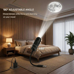 lampe projection lune avec angle ajustable à 180°, projetant une lune sur le plafond d'une chambre élégante.
