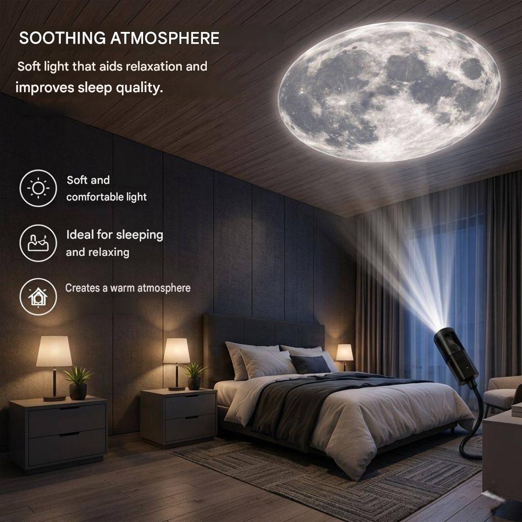 lampe projection lune créant une atmosphère apaisante avec lumière douce sur plafond et murs dans une chambre