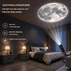 lampe projection lune créant une atmosphère apaisante avec lumière douce sur plafond et murs dans une chambre