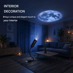 Lampe projection lune illuminant un plafond avec une ambiance céleste dans un salon élégant.