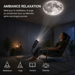 Femme relaxant dans un fauteuil avec une lampe projection lune éclairant la pièce en ambiance détente.
