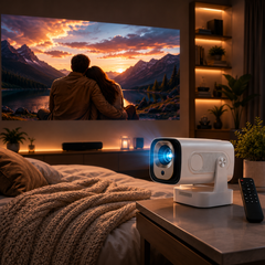projecteur 4k Douchity™ montrant une image de paysage au coucher du soleil sur un mur dans un salon confortable.