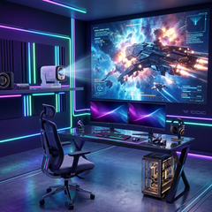 Projecteur 4K portable Douchity diffusant un film dans un bureau moderne avec un éclairage coloré.