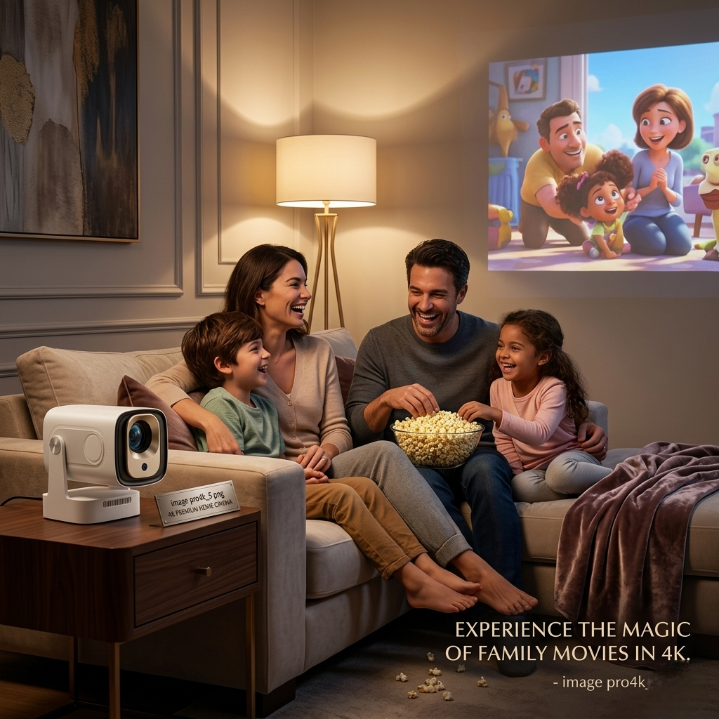Famille profitant d'un film en 4K avec le projecteur 4K portable Douchity™ dans un salon confortable.